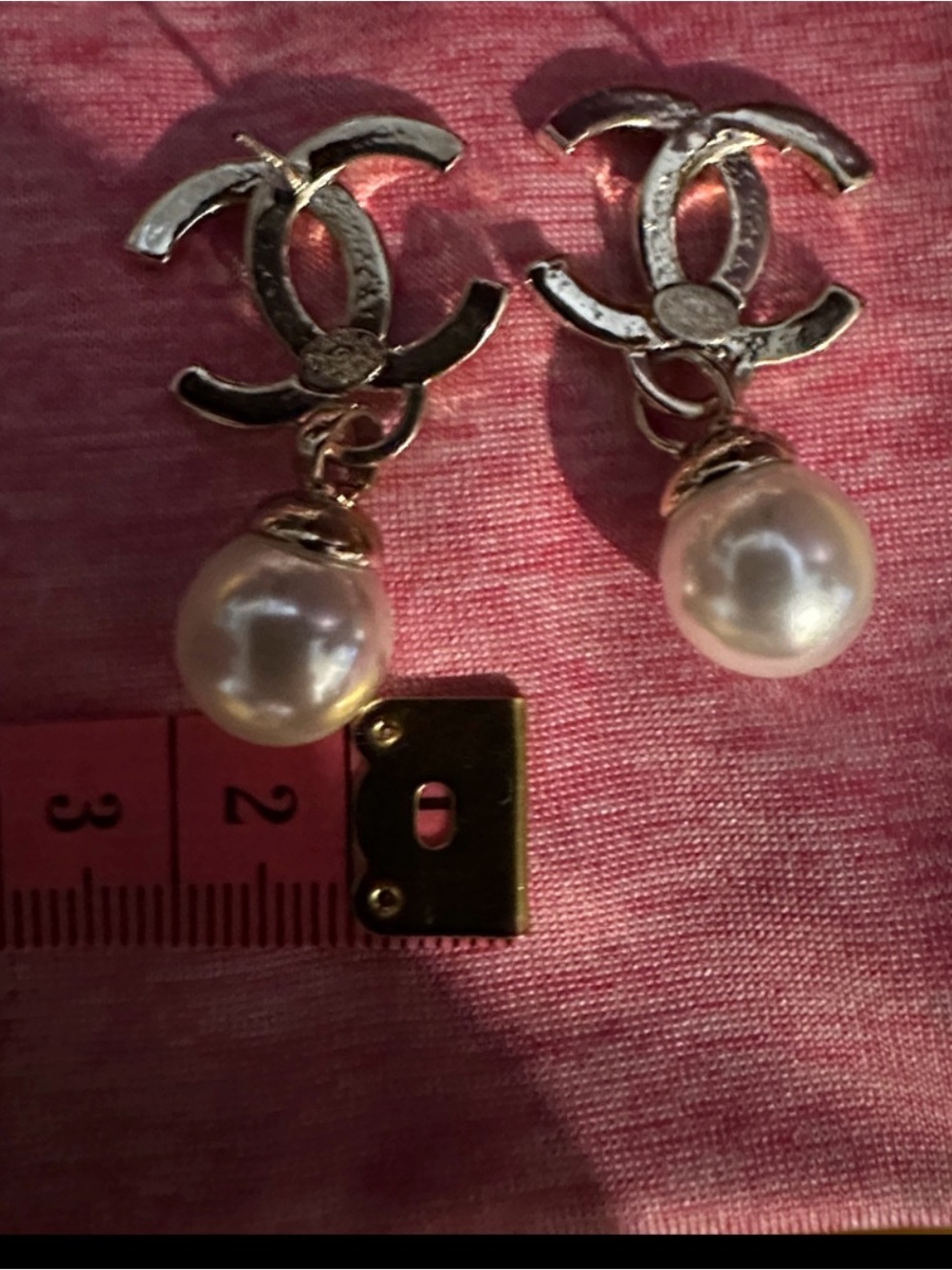 CHANEL Gold CC Crystal Drop Earrings with Pink Pearl Drops - Picture 5 of 6